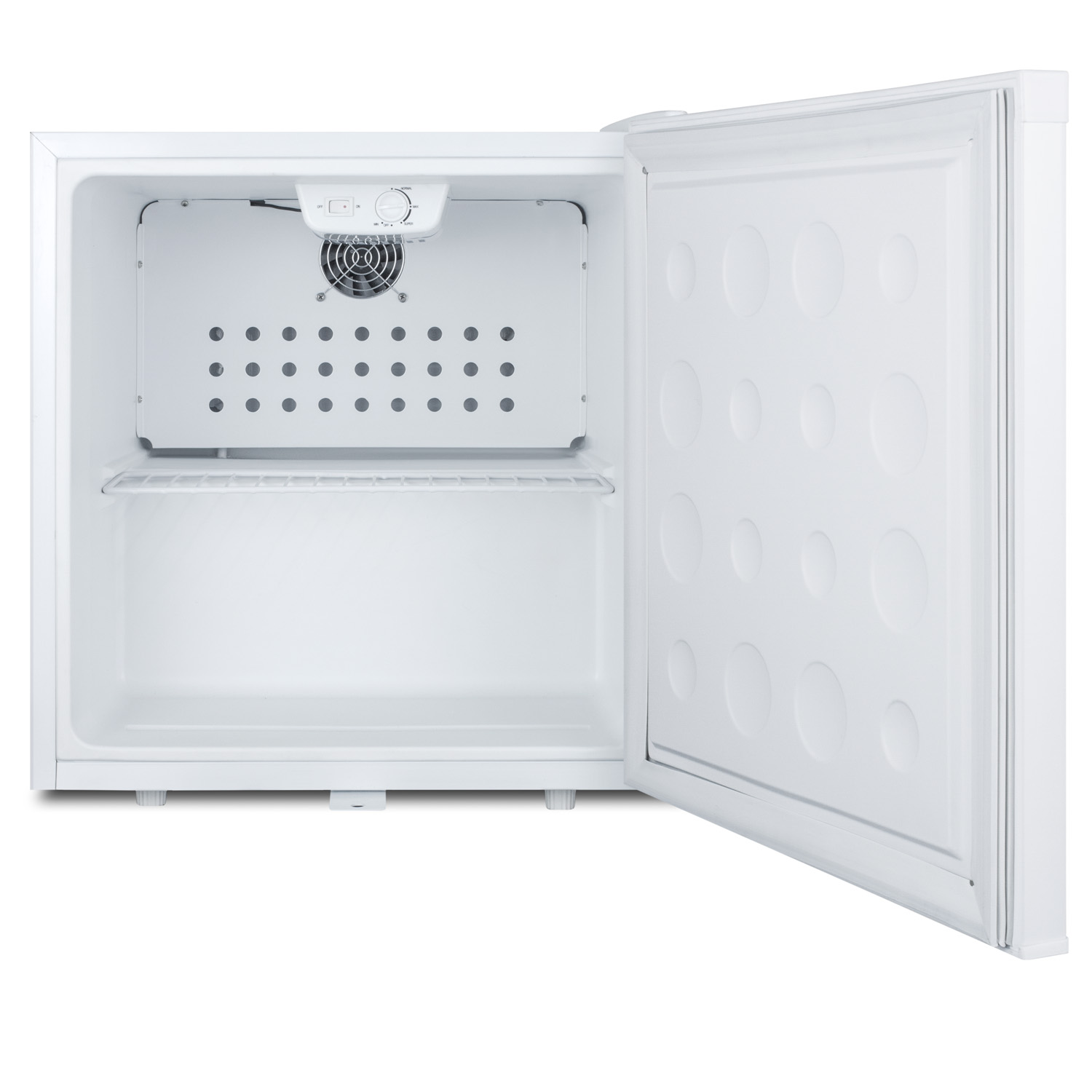 Compact 1.7 cu.ft. all-refrigerator in white with automatic defrost, front lock, and flat door liner
